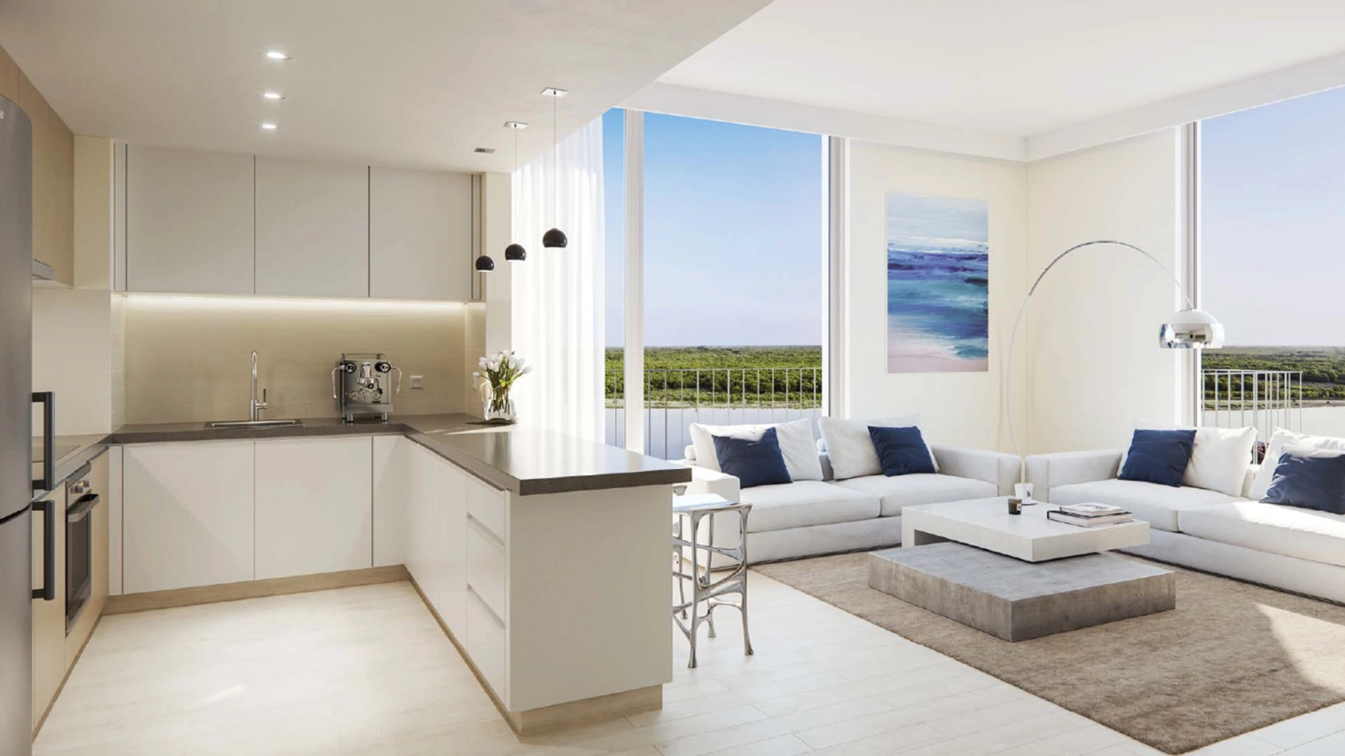 Elegant interiors with neutral tones at Water’s Edge, Abu Dhabi